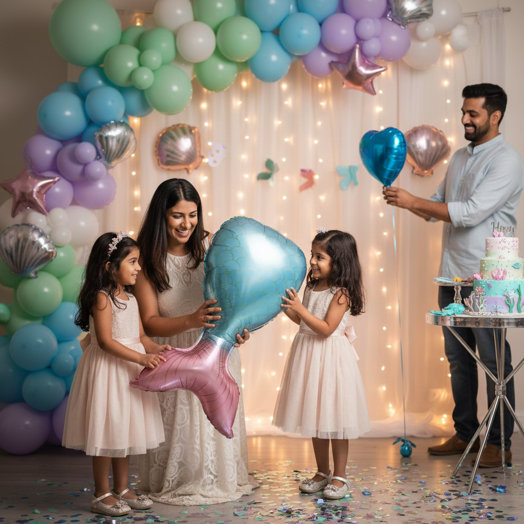 Luxury adult pool party setup with pool party balloons and tropical decorations