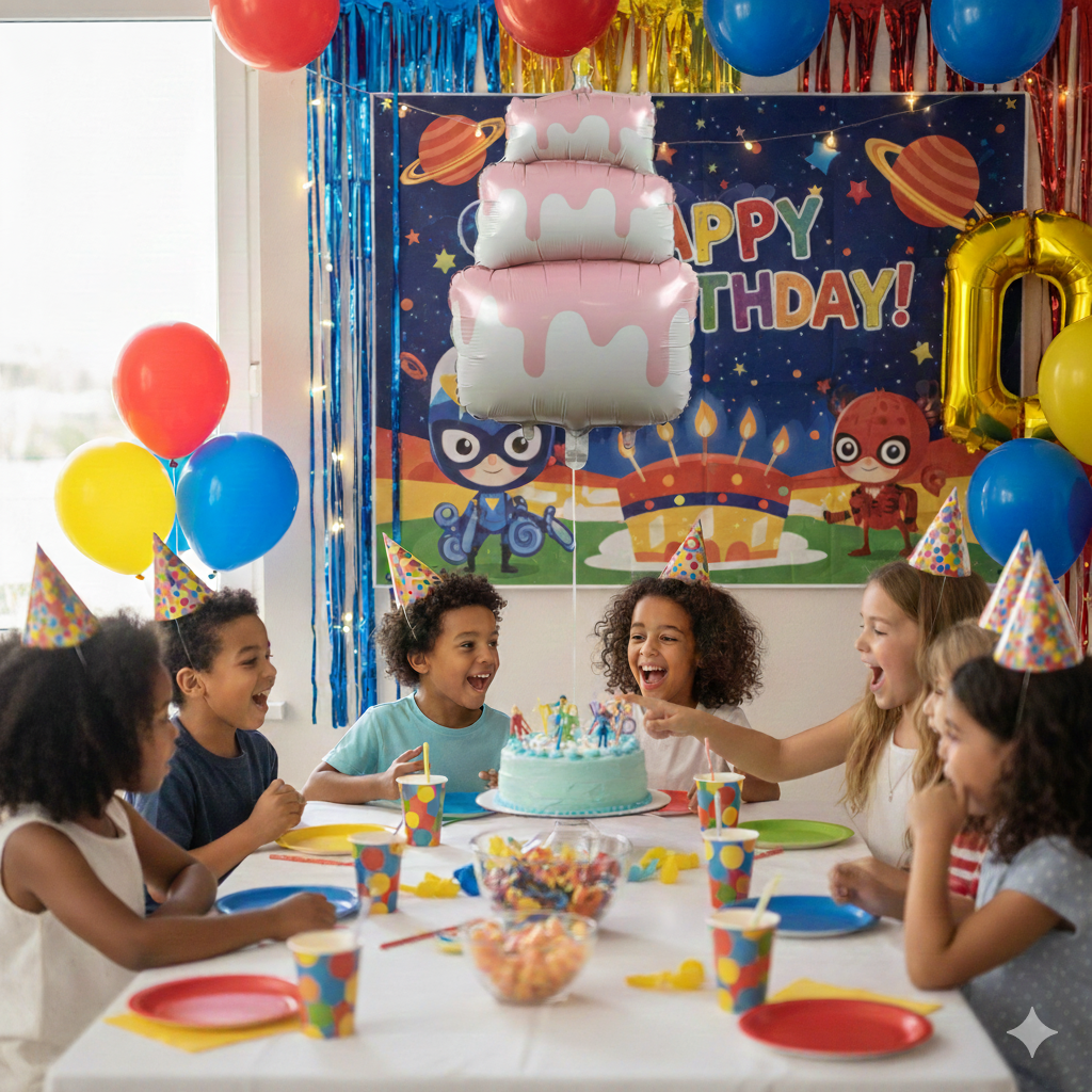 Colorful 5th birthday decoration setup with balloons and themed backdrop for kids