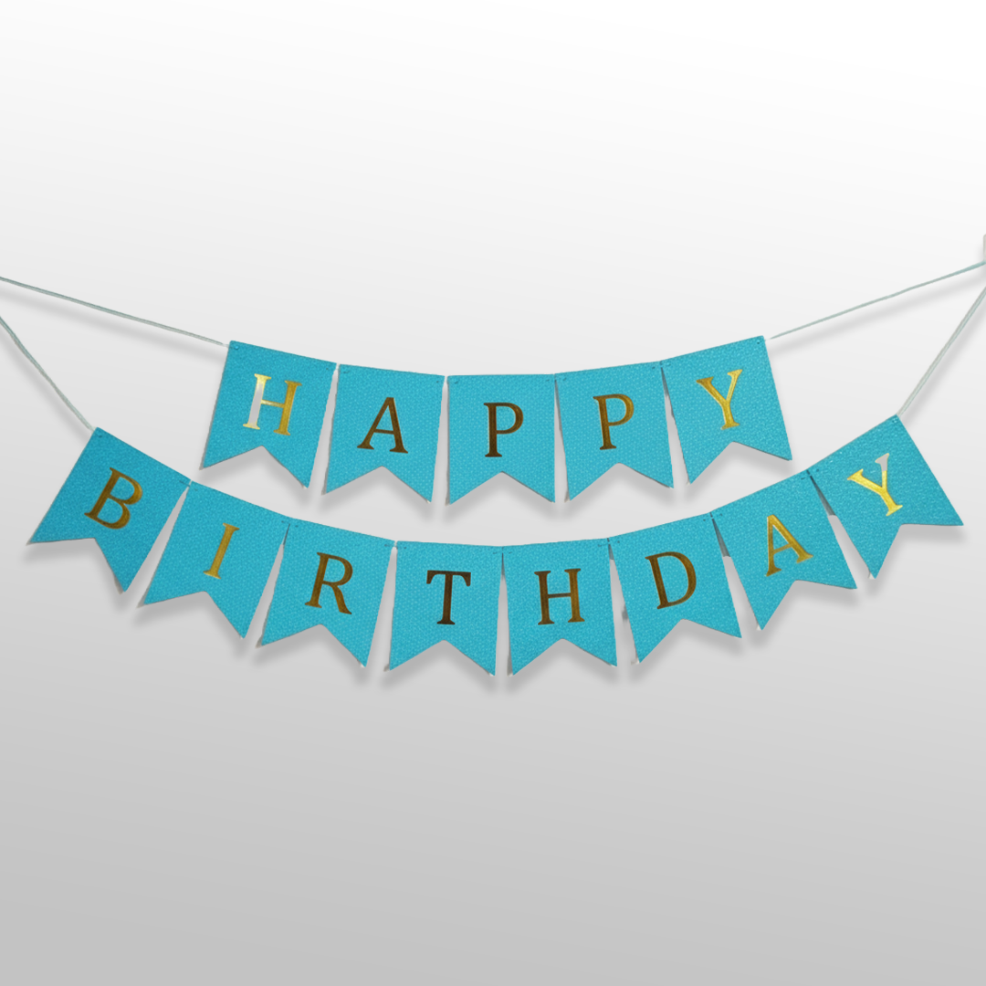 Blue and Golden Happy Birthday Shiny Text Bunting Flag Banner