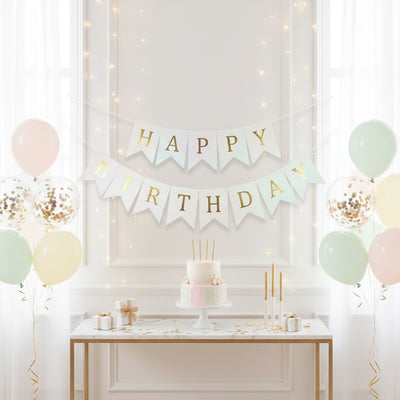 White and Golden Happy Birthday Shiny Text Bunting Flag Banner