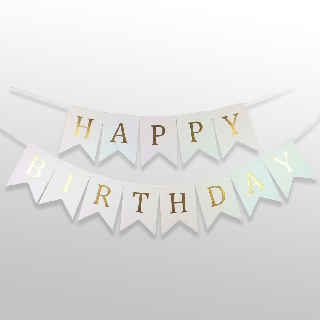 White and Golden Happy Birthday Shiny Text Bunting Flag Banner