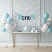 1st Birthday Blue & Silver Bunting Banner with “ONE”