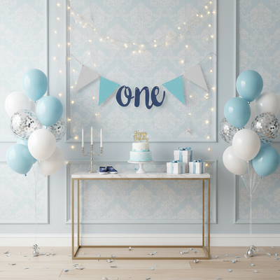 1st Birthday Blue & Silver Bunting Banner with “ONE”