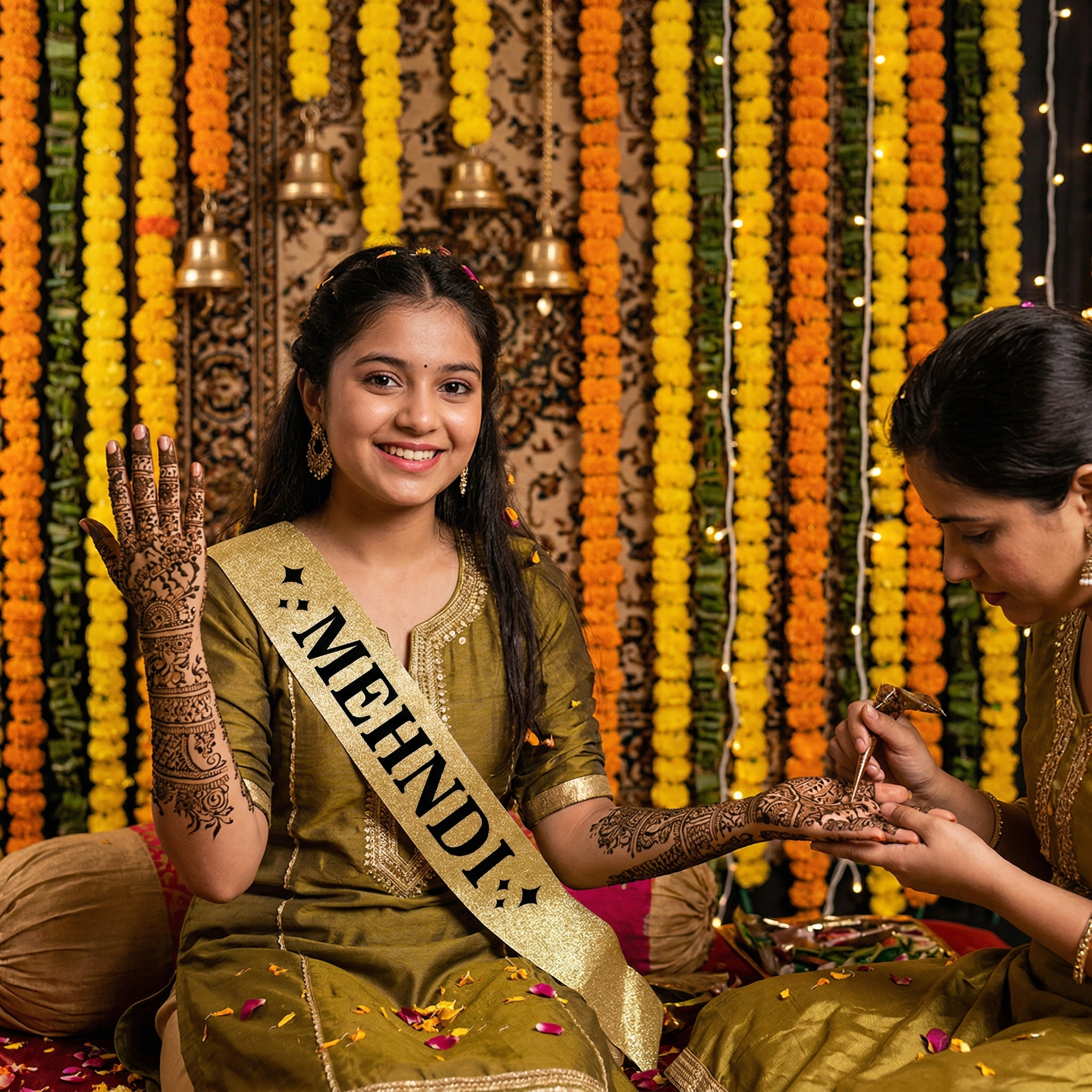 Golden Mehndi Ceremony Party Prop
Mehndi Function Sash with Black Text