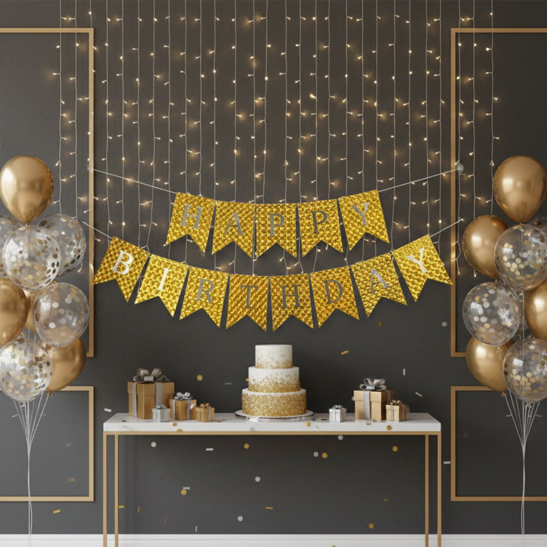 Shiny Yellow & Golden Happy Birthday Banner for Home Birthday Party Decoration