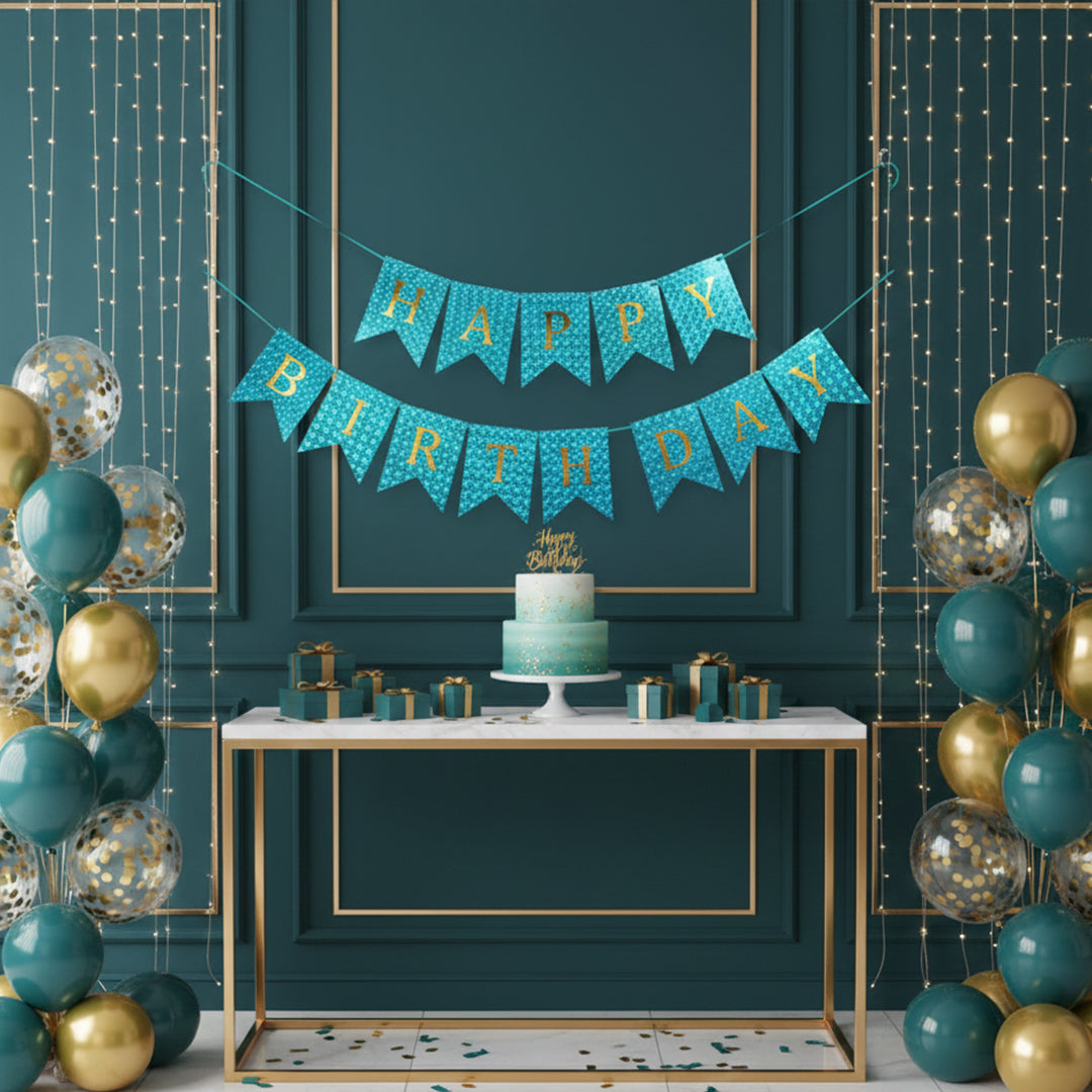 3D Bubbles Effect Blue and Golden Text Happy Birthday Shiny Bunting Flag Banner