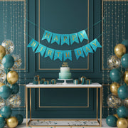 3D Bubbles Effect Blue and Golden Text Happy Birthday Shiny Bunting Flag Banner