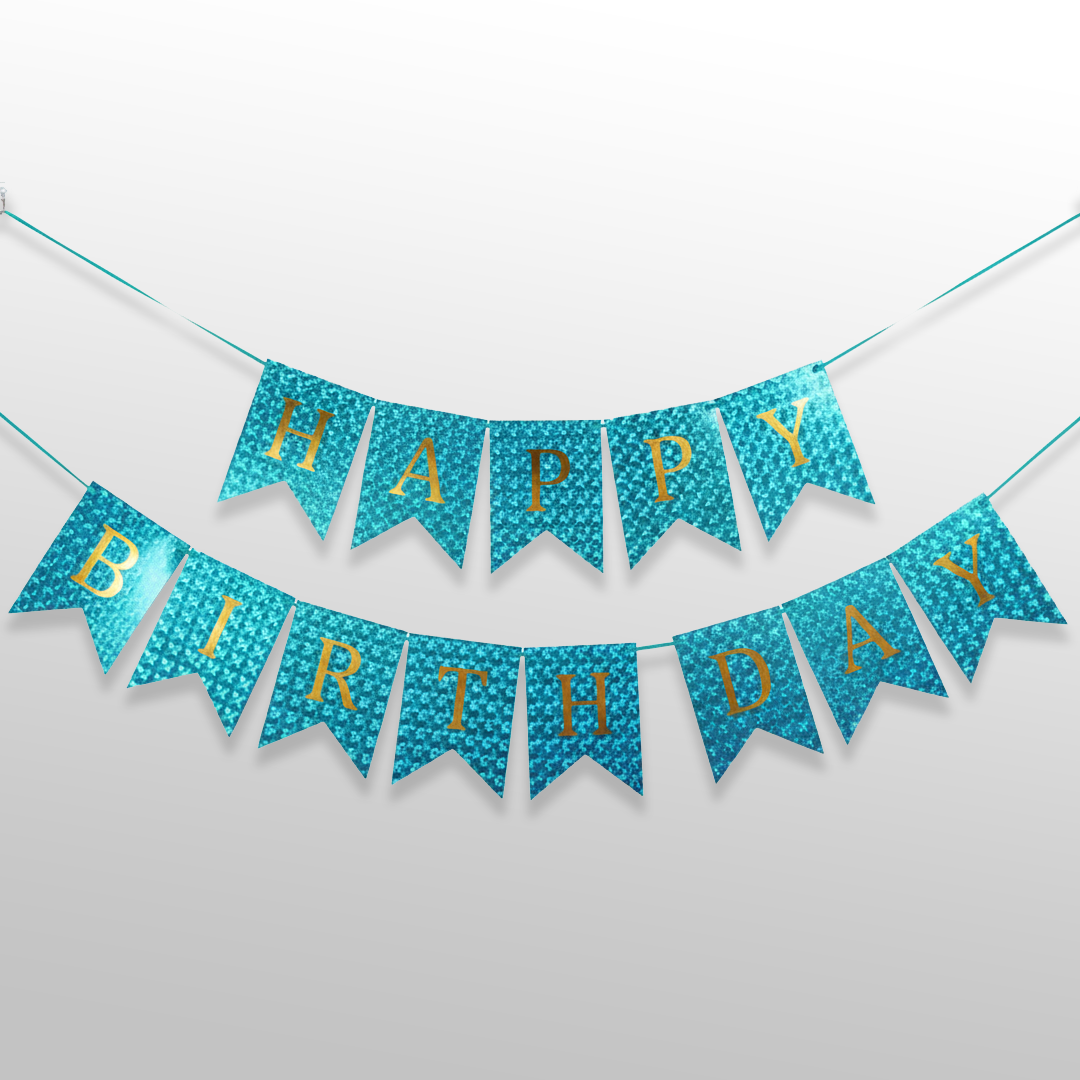 3D Bubbles Effect Blue and Golden Text Happy Birthday Shiny Bunting Flag Banner