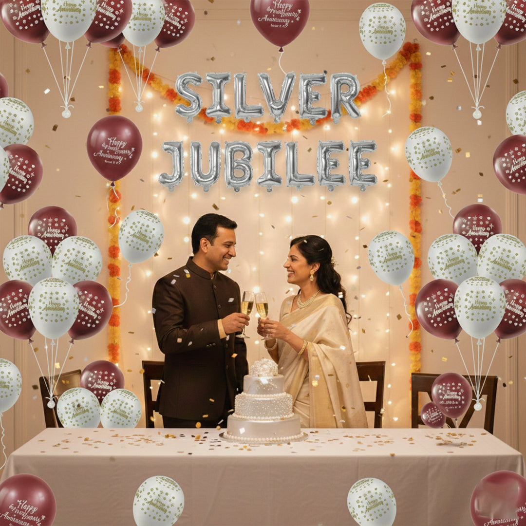 Silver Jubilee Foil Balloon and 40 PC Happy anniversary round Balloon set Red and White