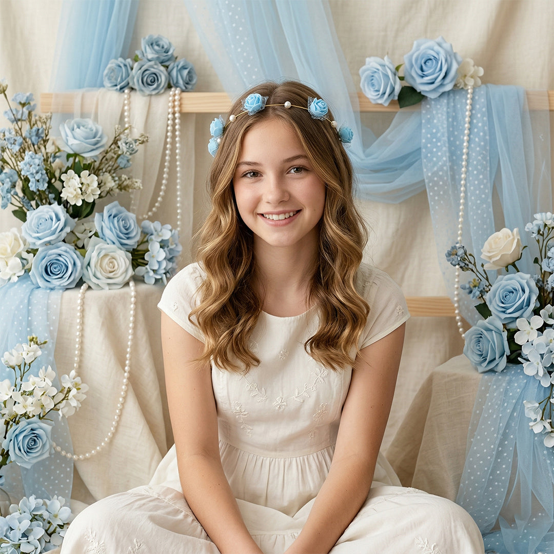 Blue Rose Flower Tiara Crown for Girls
Floral Rose Hair Wreath with White Pearls