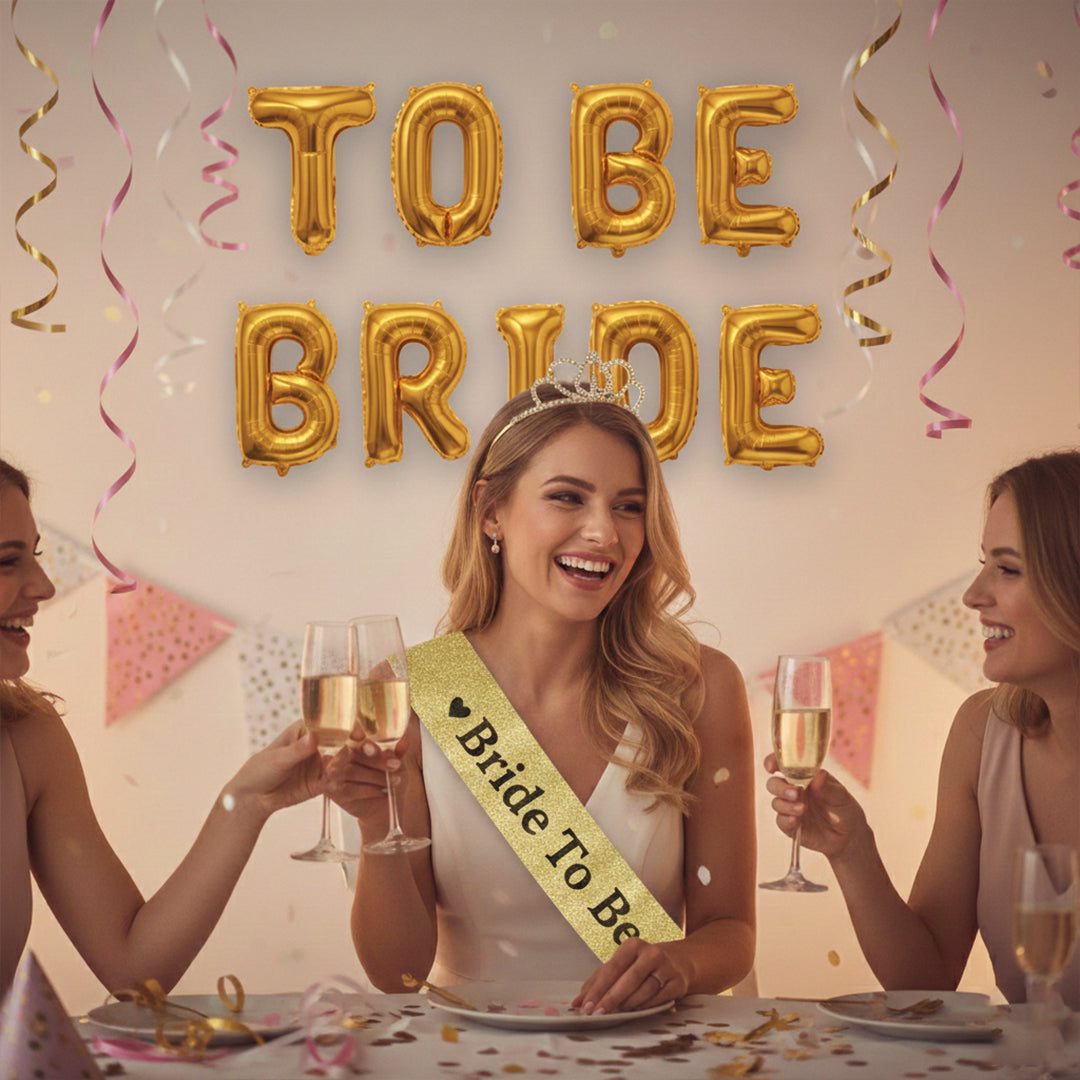 Gold Bride To Be Foil Balloon with Gold Bride to be Sash and golden Headband combo