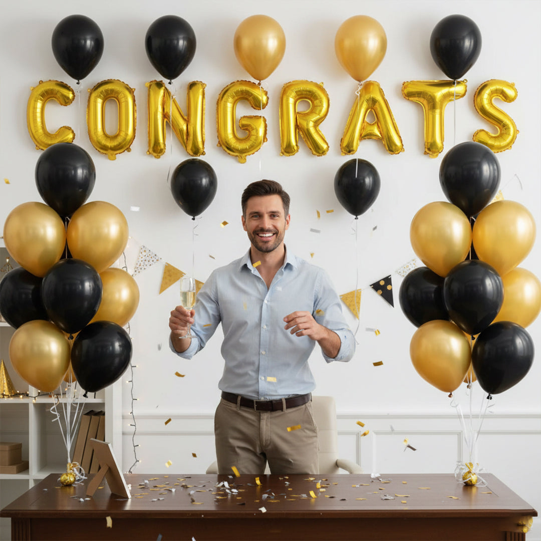 Congrats Foil Balloon with 15pc Golden and 15pc Black round balloon combo for the party.