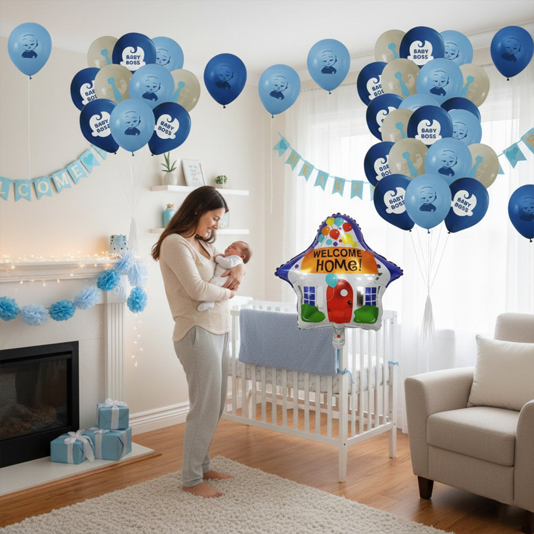 Baby Boy Welcome Home House Foil Balloon with 20 Boss Baby printed Latex Balloon set