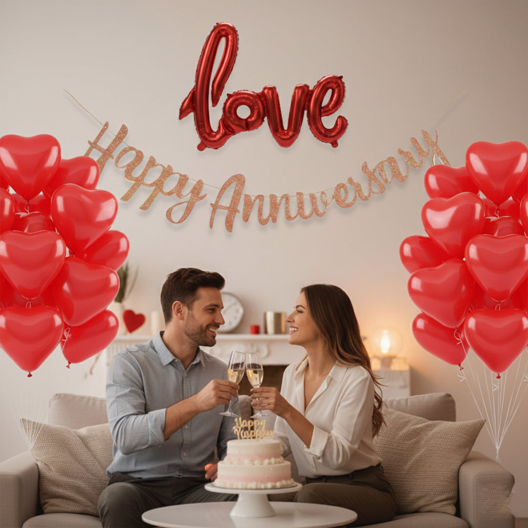 Anniversary celebration combo with Love Foil Balloons, rose gold cursive glitter Happy Anniversary Banner, and 40 red Heart Balloon Set.