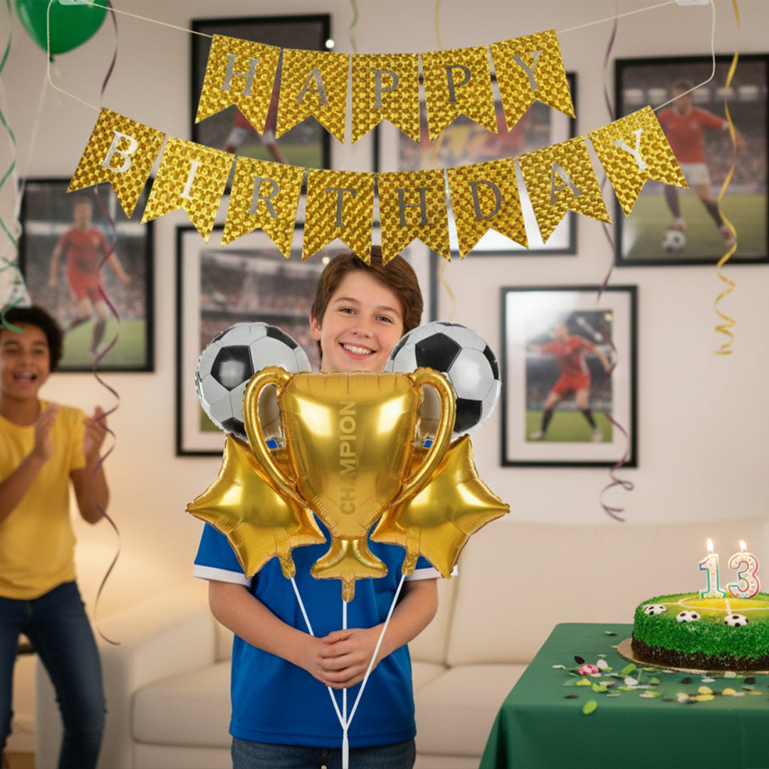 13th Birthday Boy Happy Birthday gold glitter Banner, 5 PCS Championship Trophy and Soccer Foil Balloons set for Happy Birthday Party