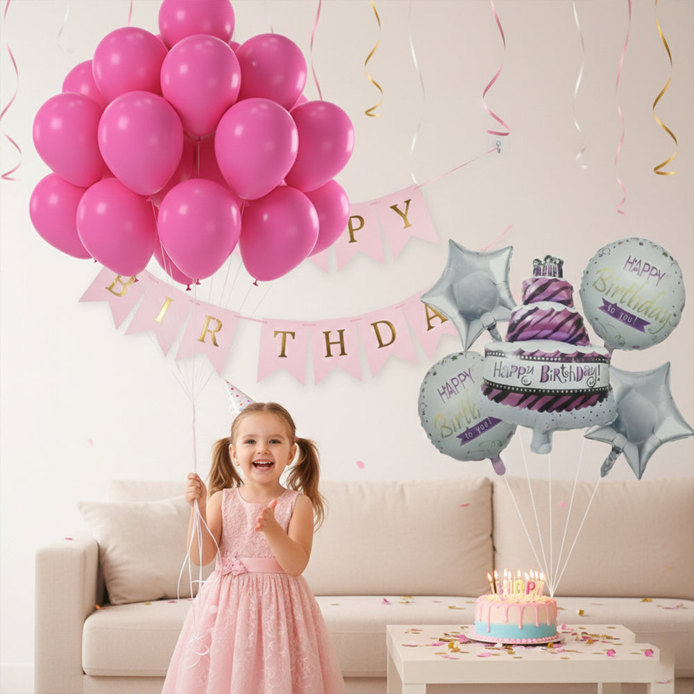 Baby Pink & Golden Happy Birthday Decoration Combo / Printed Cake Foil Balloon Set with Pink Balloons & Birthday Banner / Girls Birthday Decoration Set