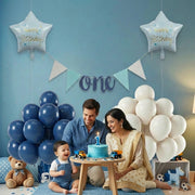 1st birthday boy one blue and silver Bunting Flag banner with 2 Blue Star Happy Birthday Foil balloon and 20 pcs Light Blue and 20 pcs white Round Balloon complete kit.