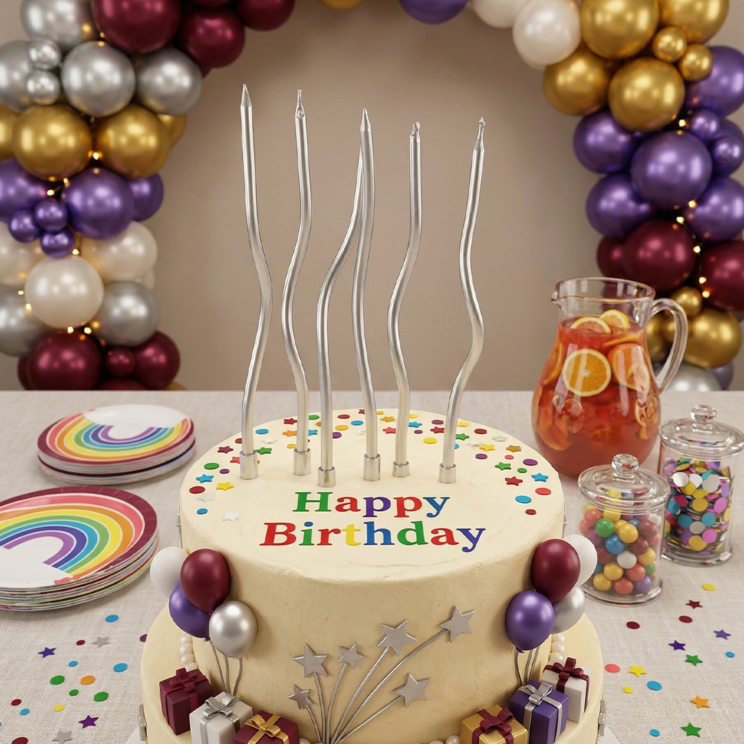 Silver Spiral Birthday Candles with Stand
Metallic Wavy Cake Candles for Parties