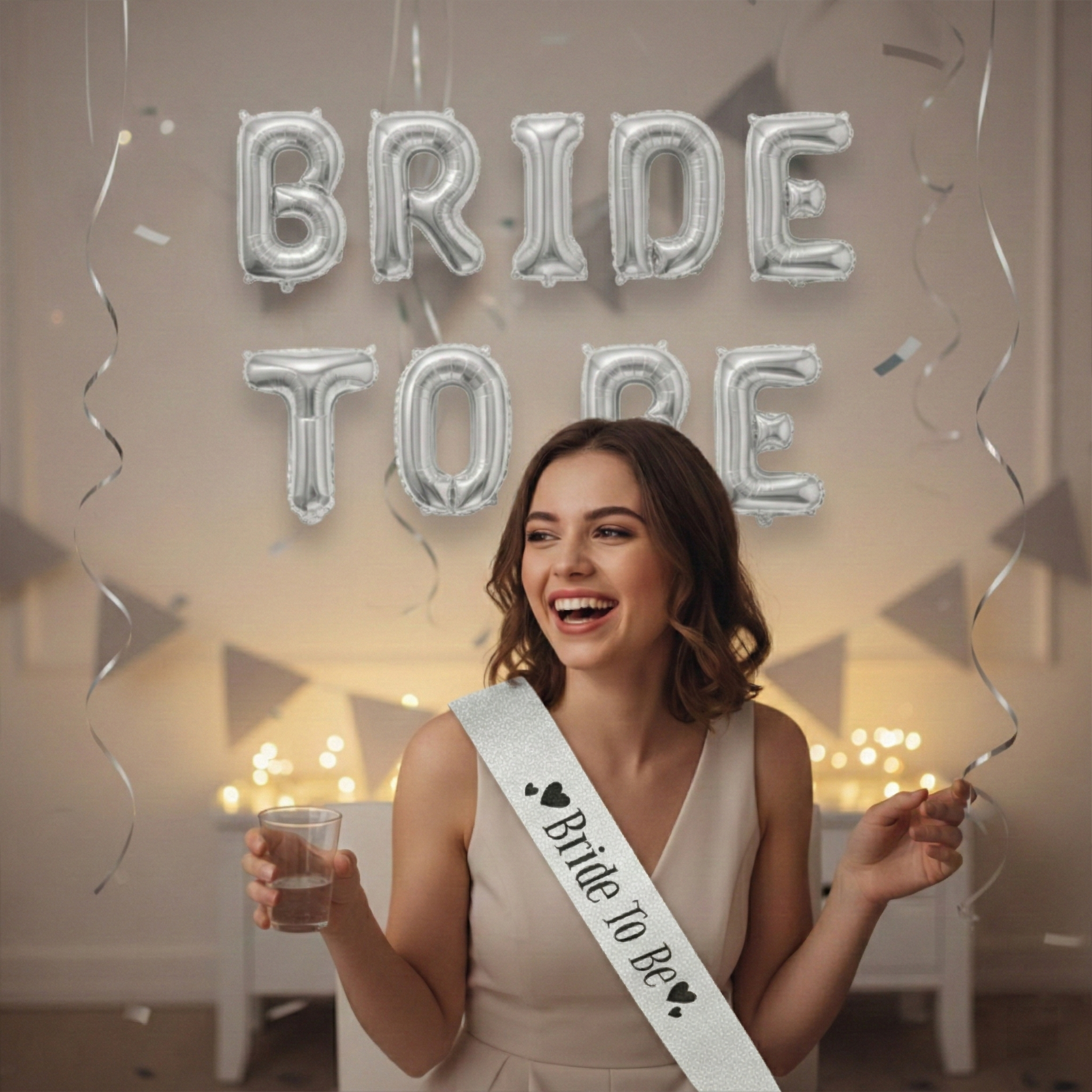 Bride to be foil balloon with silver bridal shower sash decoration