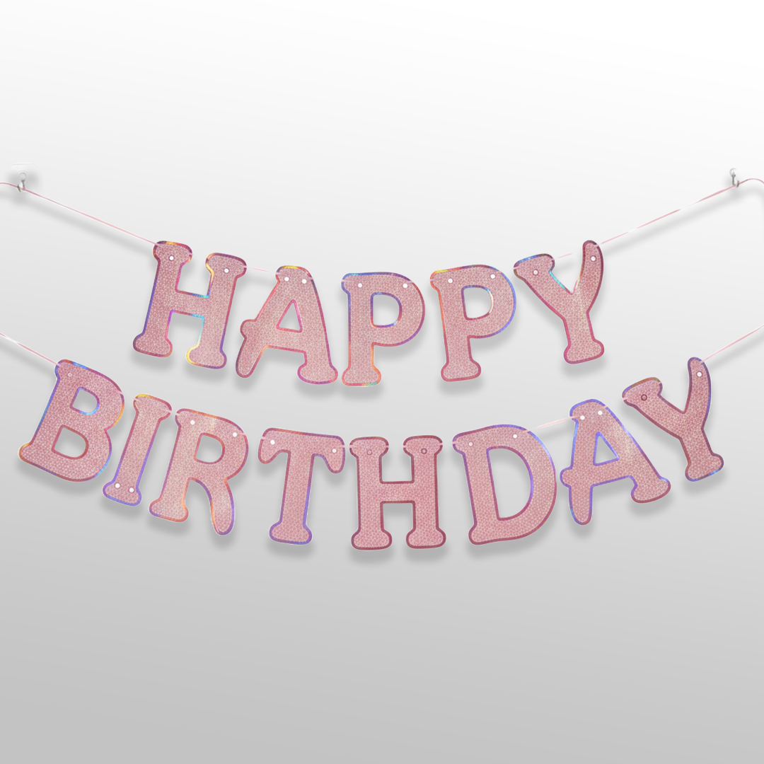 Pink Monochrome Glitter with Outline Happy Birthday Banner