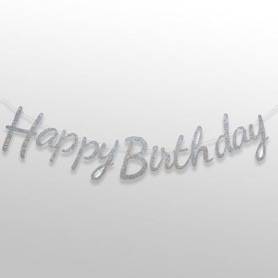 Silver Cursive Happy Birthday Glitter Banner/Elegant Decor for All Ages (1st, 18th, 25th Birthday)