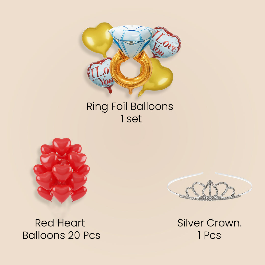 Ring Ceremony decoration combo with 5 pcs Ring Foil Balloons set, 20 red heart balloons, and Silver Crown.