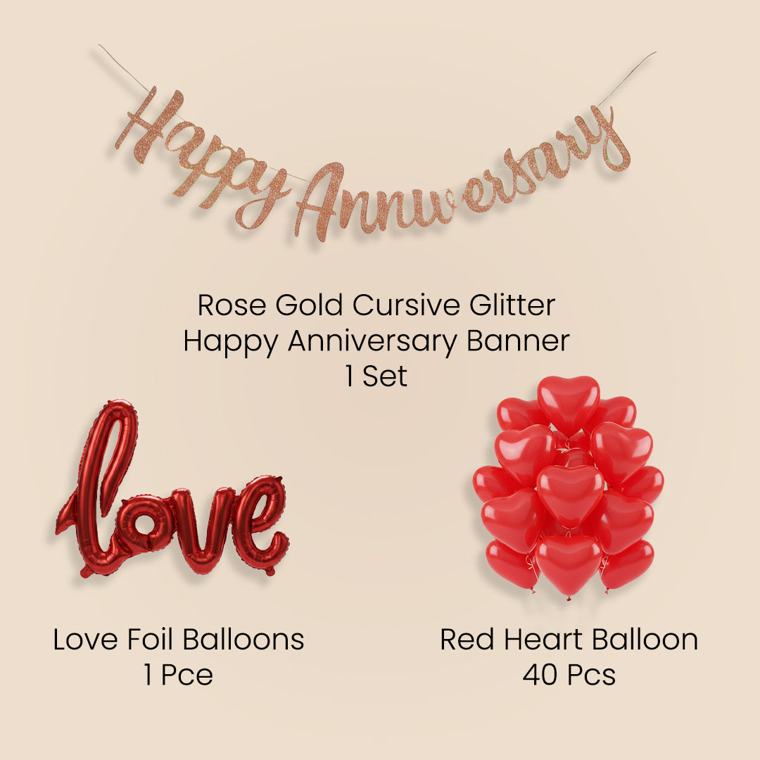 Anniversary celebration combo with Love Foil Balloons, rose gold cursive glitter Happy Anniversary Banner, and 40 red Heart Balloon Set.