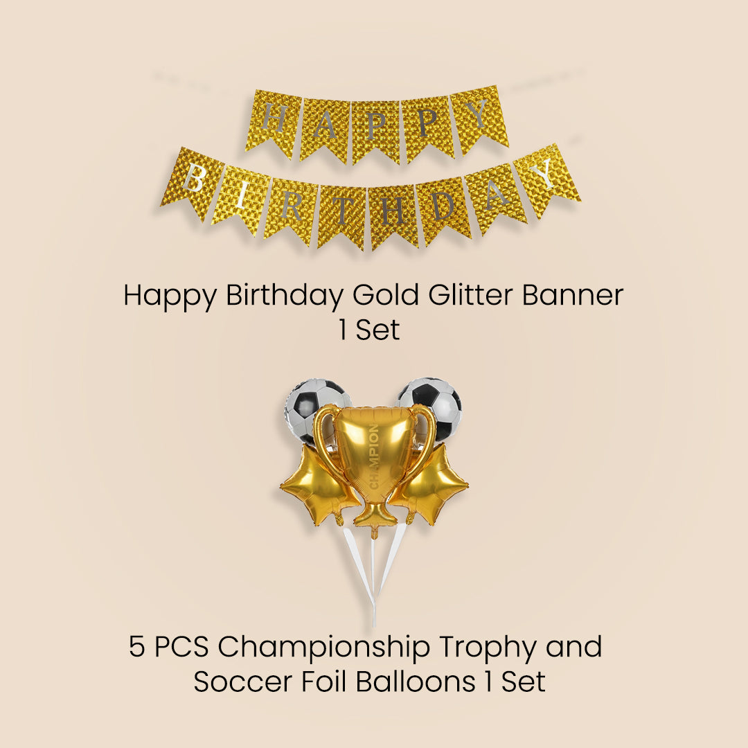 13th Birthday Boy Happy Birthday gold glitter Banner, 5 PCS Championship Trophy and Soccer Foil Balloons set for Happy Birthday Party