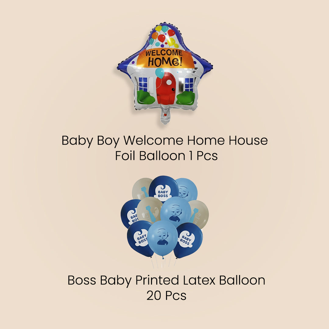 Baby Boy Welcome Home House Foil Balloon with 20 Boss Baby printed Latex Balloon set