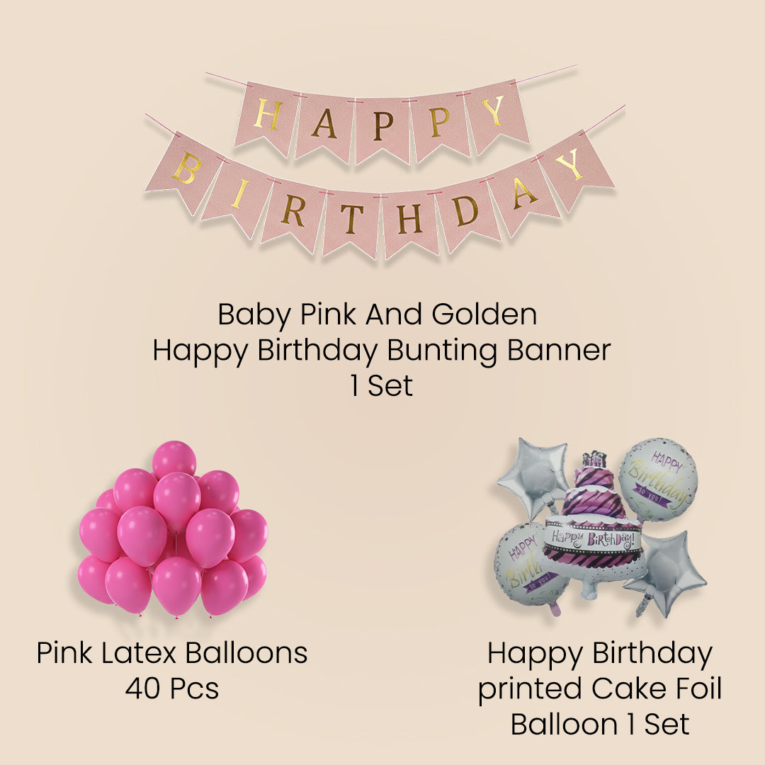 Girls birthday decoration combo with pink birthday banner and foil balloons
