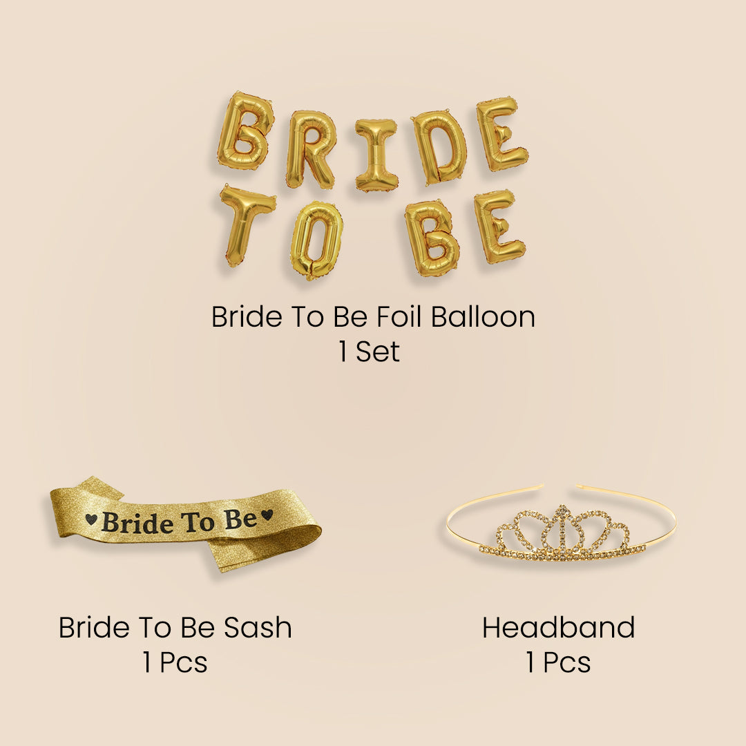 Gold Bride To Be Foil Balloon with Gold Bride to be Sash and golden Headband combo