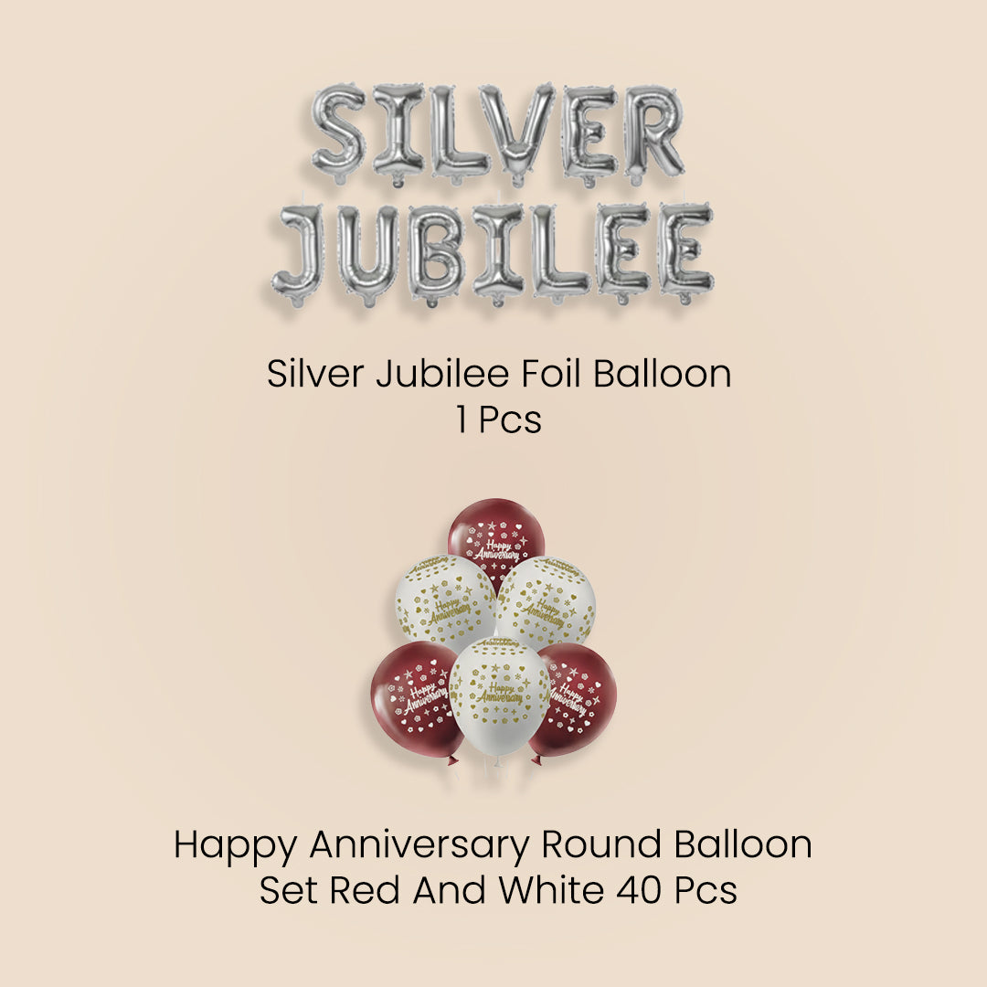 Silver Jubilee Foil Balloon and 40 PC Happy anniversary round Balloon set Red and White