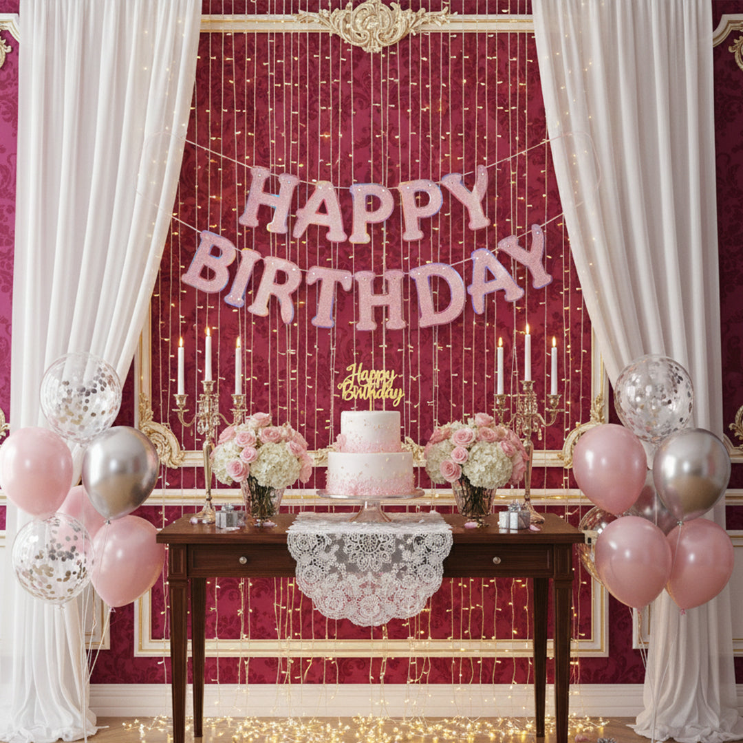 Happy birthday cutout glitter banner pink monochrome design