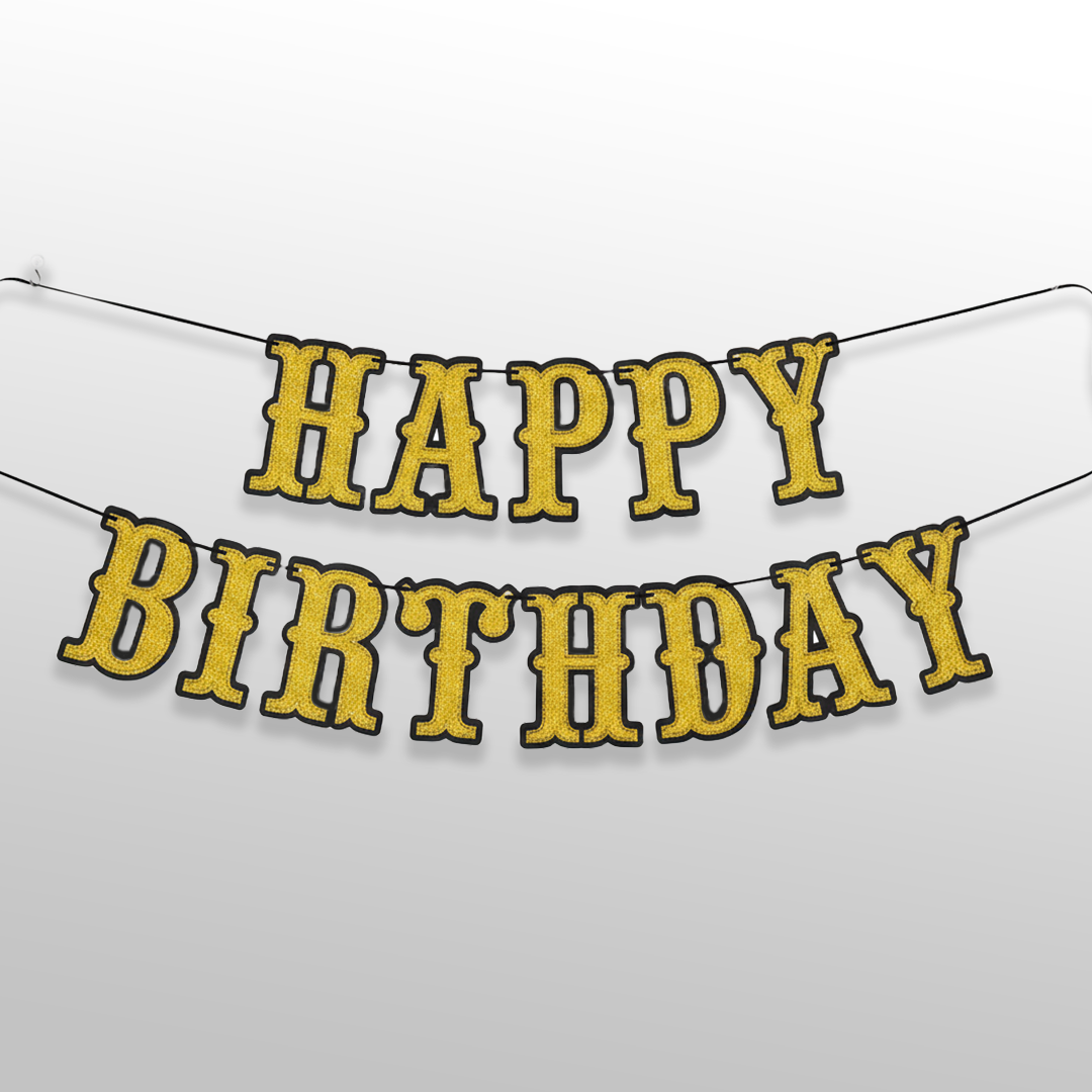 Golden Glitter with Black Outline Happy Birthday Banner