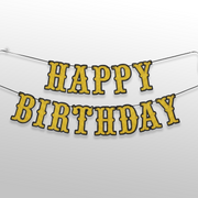 Golden glitter happy birthday bunting banner with black outline for birthday decoration