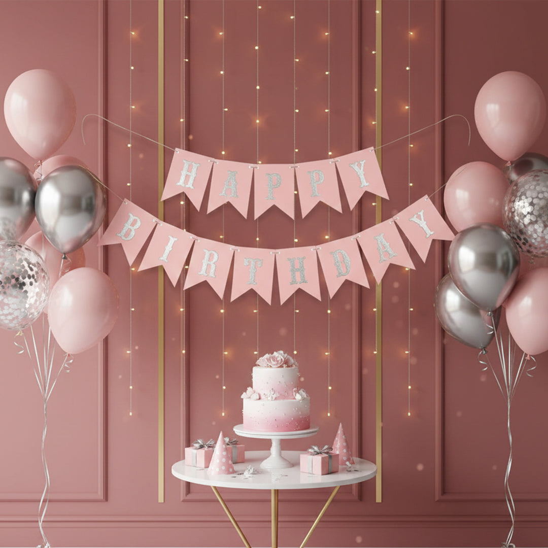 Pink & Silver Happy Birthday Banner Backdrop for Home Birthday Party