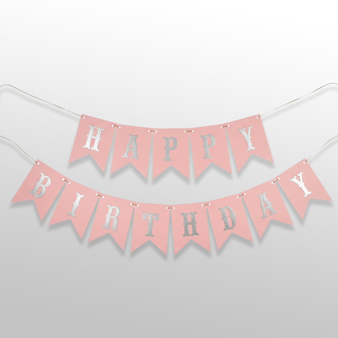 Baby Pink Silver Glitter Happy Birthday Bunting Banner for Birthday Decorations