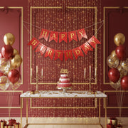 3D Bubbles Effect Red and Golden Text Happy Birthday Shiny Bunting Flag Banner
