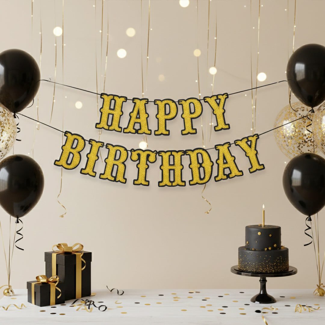 Golden Glitter with Black Outline Happy Birthday Banner