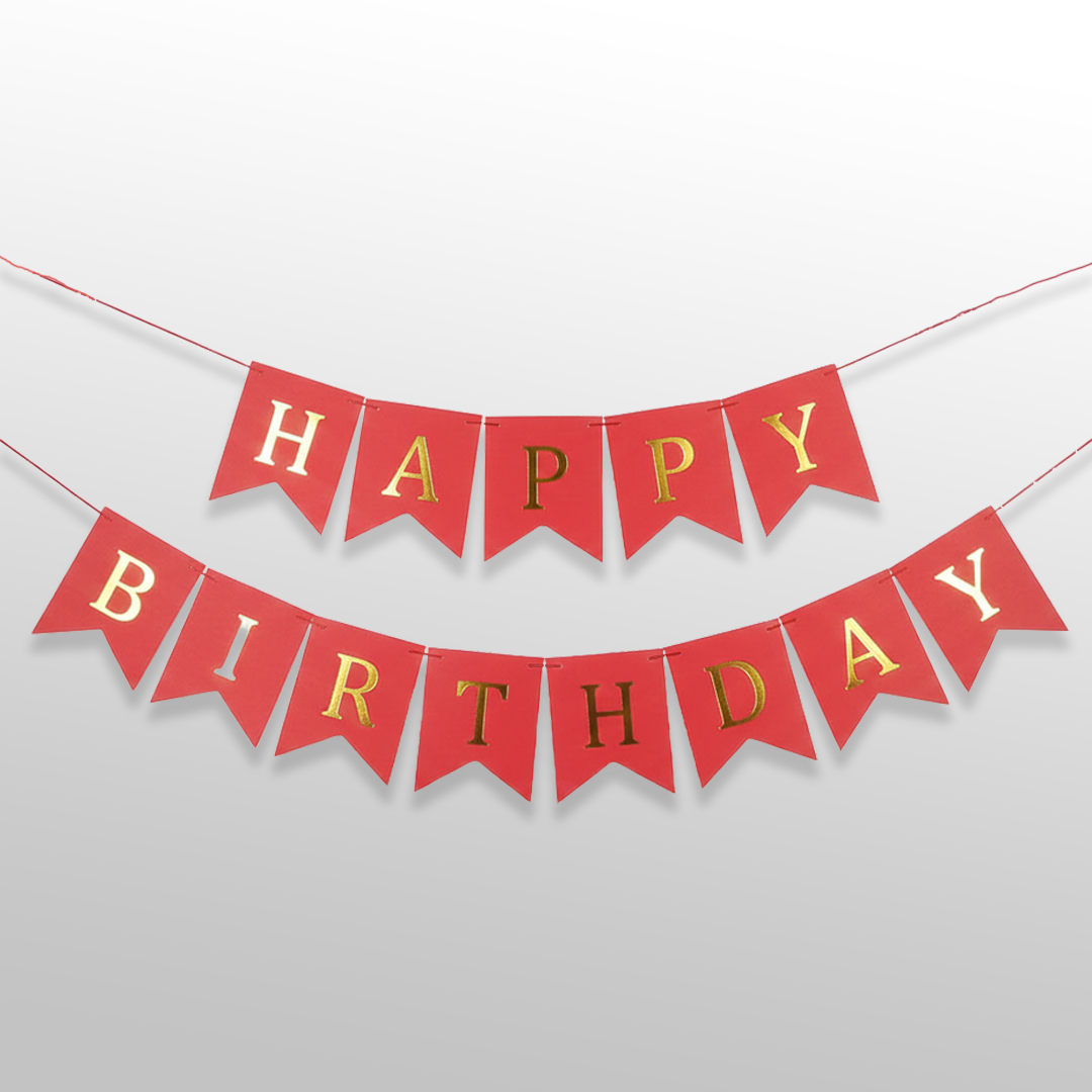 Red and Golden Happy Birthday Shiny Text Bunting Flag Banner