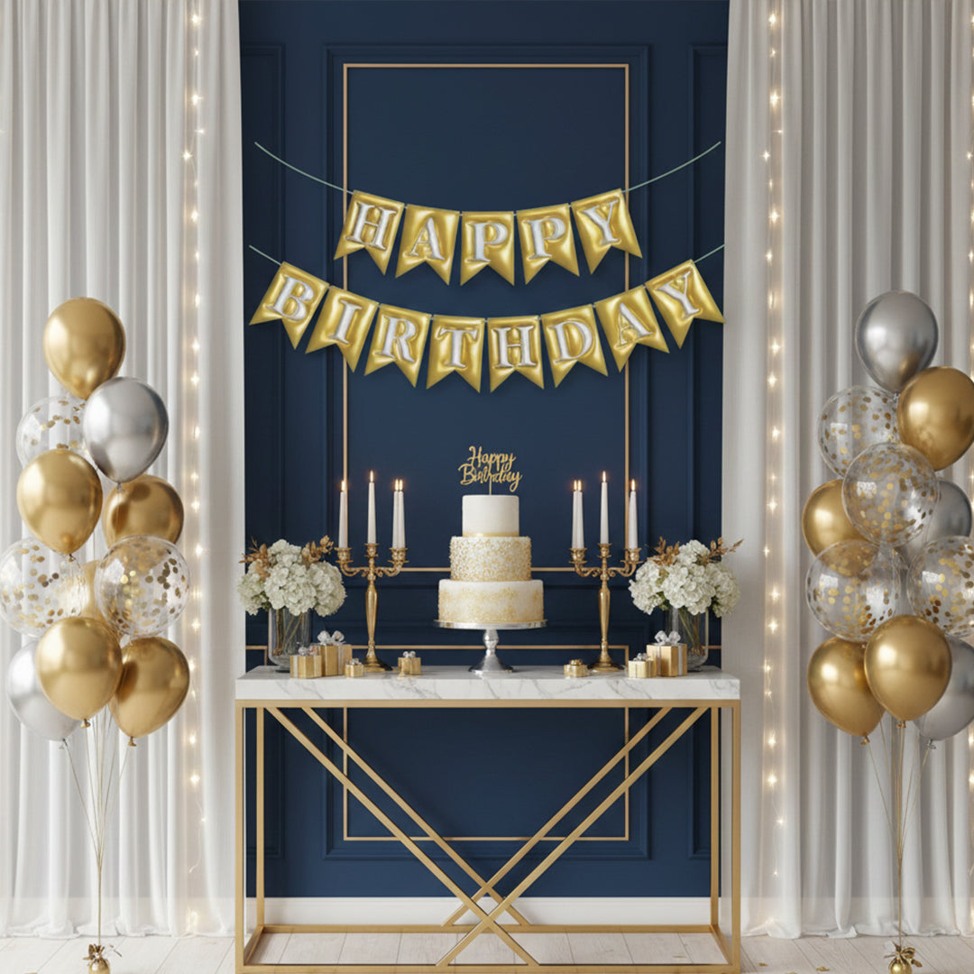 Embossed 3D Effect Golden and Silver Happy Birthday Bunting Flag Banner