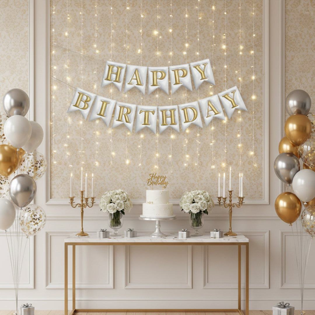 Embossed 3D Effect Silver and Golden Happy Birthday Bunting Flag Banner