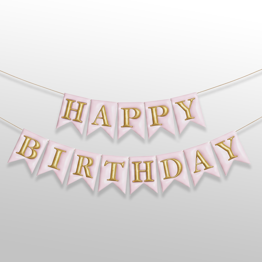 Embossed 3D Effect Pink and Golden Happy Birthday Bunting Flag Banner