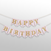 Embossed 3D pink and golden happy birthday bunting banner hanging on wall for party decoration

