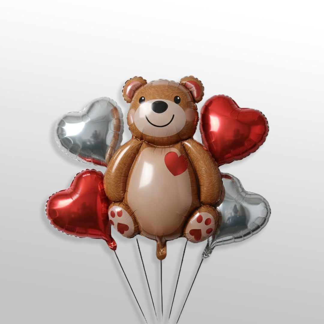 Teddy Bear Love with Four Balloon Set (Red & Silver)