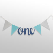 1st Birthday Blue & Silver Bunting Banner with “ONE”