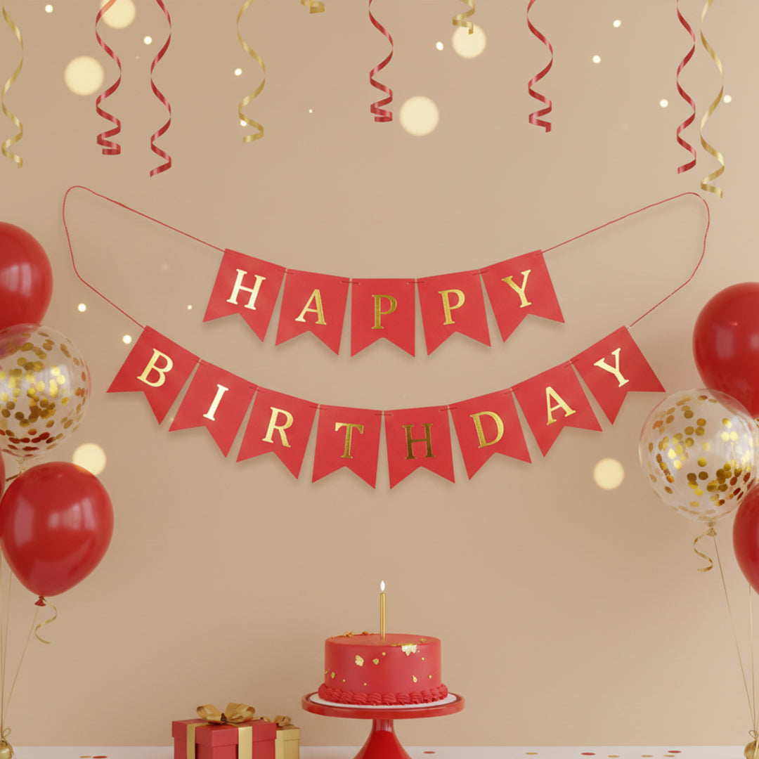 Red and Golden Happy Birthday Shiny Text Bunting Flag Banner