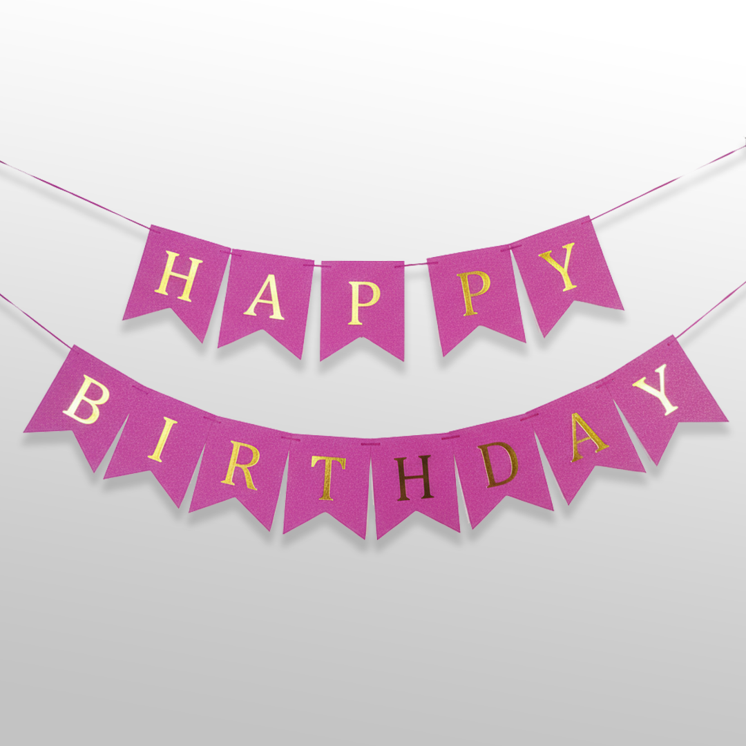 Shiny Dark Pink and Golden Happy Birthday Bunting Flag Banner