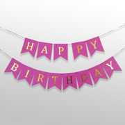 Shiny dark pink and golden happy birthday bunting banner for birthday decoration