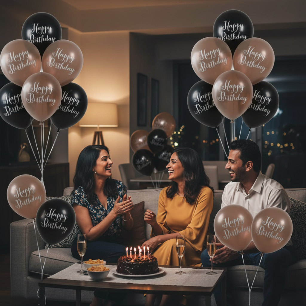 Champagne and Black Happy Birthday Round Balloons